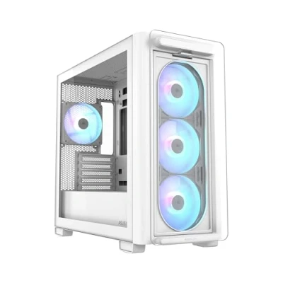 Bild av ASUS A21 PLUS TG ARGB WHITE Case micro ATX, stöder moderkort med dolda kontakter, 360 mm radiatorer och 380 grafikkort, 4 x fläktar förinstallerade, vita
