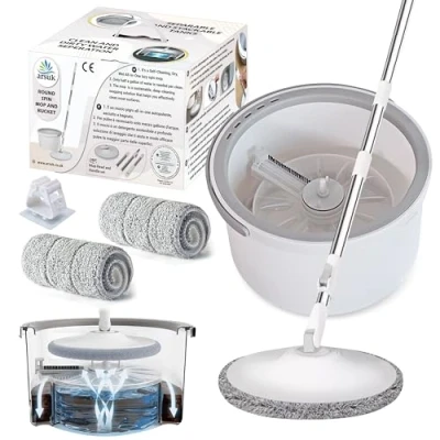 Bild av ARSUK Roterande Mopp &amp; Hink Hygienisk Städsystem med Separat Rent och Smutsigt Vatten 2L Kompakt Design, 2 Mikrofiberpåfyllningar, 118cm Teleskopiskt Stålhandtag