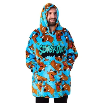 Bild av Scooby Doo Herr bärbar filt hoodie Luvtröja för vuxna i blått med karaktär överallt grafiskt tryck One Size Sherpa Fodrade Loungewear Animerad tecknad serie varor gåva