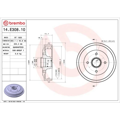 Bild av BREMBO 14.E308.10 Tambours de Frein sans kit roulement à roue 203,1 PEUGEOT: 206 3/5 portes, SW, 206+ CITROËN: C3 I portes