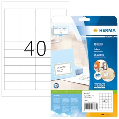 Bild av HERMA 4357 universella etiketter A4 små (48,5 x 25,4 mm, 25 ark, papper, matt) självhäftande, utskrivbara, permanenta adressetiketter, 1 000 klistermärken, vit