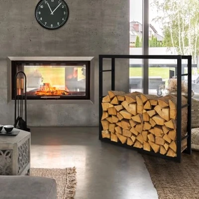 Bild av ML Design vedhylla 100x100x25 cm, rektangulär, svart, metall, inomhus/utomhus, vedförvaring av belagt stål, för öppen spis/kamin