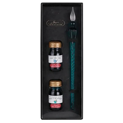 Bild av Jacques Herbin 29337T Box med 2 bläck 10 ml, grönt av grått och calanque blått en smaragdglasfjäder tillverkad i Frankrike