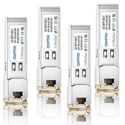 Bild av QSFPTEK 10GBASE T SFP+ till RJ45 (4 pack), 10G upp 30 m koppar mini GBIC sändtagare för Cisco SFP S, Ubiquiti UF 10G, Netgear, Mikrotik, D Link, Supermicro, CAT6A/CAT7,