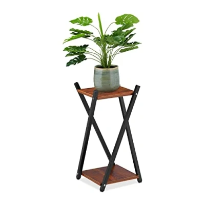Bild av Relaxdays Blomställ, 2 våningar i träutseende, metall, MDF, modern blompall, 57 x 29 cm, svart/mörkbrun