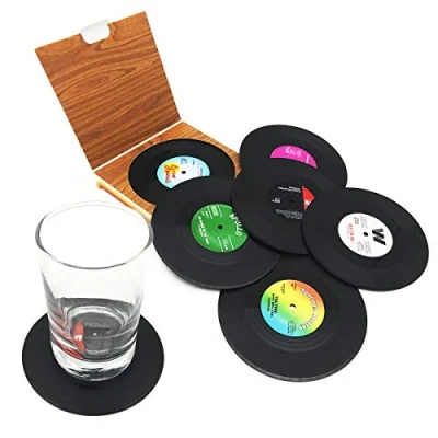 Bild av 6 st retro CD skiva vinylunderlägg koppmatta för kaffe dryck servis halkfria underlägg