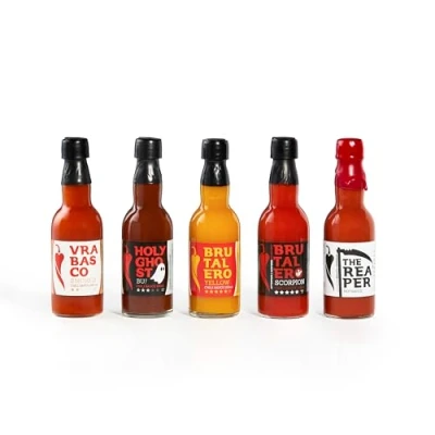 Bild av I LOVE SPICY Chilisåser 5 x 100 ml Från Mild till Extrem Rökt, Fruktig &amp; Intensivt Stark Fermenterad, Vegansk, Hantverksmässig Elegant Förpackad