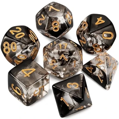 Bild av Dzxin DND speltärningsset, 7 st polyhedral tärningsset för fängelsehålor och drakar RPG MTG rollspel bordsspel (transparent + svart moln)