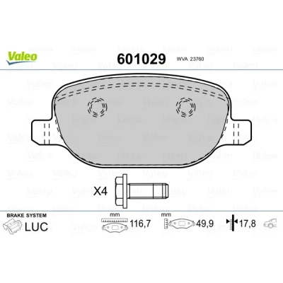 Bild av VALEO 601029 Jeu de plaquettes frein Essieu arrière contact signal d&#039;usure exclu avec kit vis fixation, tôle anti bruit