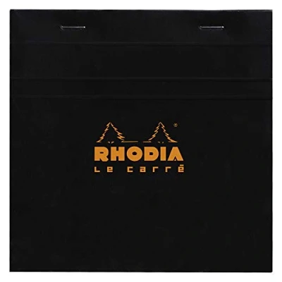 Bild av RHODIA 148209C häftat anteckningsblock nr 148 svart små rutor 14,8 x cm 80 löstagbara blad vitt Clairefontaine papper g/m² mjukt och motståndskraftigt täckt kortfodral