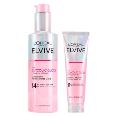 Bild av L&#039;Oréal Paris Elvive Glycolic Gloss Balsam + Serum utan sköljning för blekt och poröst hår Intensiv hållbar glans med glykolsyra 2 flaskor à 150 ml