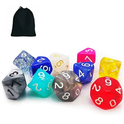 Bild av Bescon 10 st set med sided dice (nummer 0 9), räkna slumpmässigt multieffektivt och färgat paket D10 i dragstångspåse
