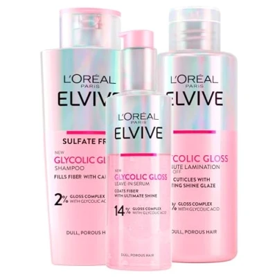 Bild av L&#039;Oréal Paris Elvive Glycolic Gloss 150 ml sköljfritt serum + 200 schampo 5 minuters lamineringsbehandling på poröst hår med intensiv och hållbar glans 3 flaskor