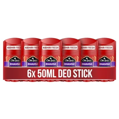Bild av Gamla Spice Rock Deodorant Stick för män, 6 x 50 ml, 48 H färsk, långvarig doft i parfymkvalitet, 0% aluminiumsalter, inga fläckar på svart och vit, tillverkad av 50% återvunnen plast