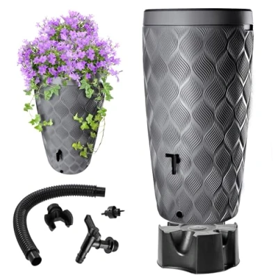 Bild av KADAX Regntunna med växtskål integrerad i locket 240 L, regnfat av plast, regnvattenbehållare kran och stativ, regntank (mörkgrå)