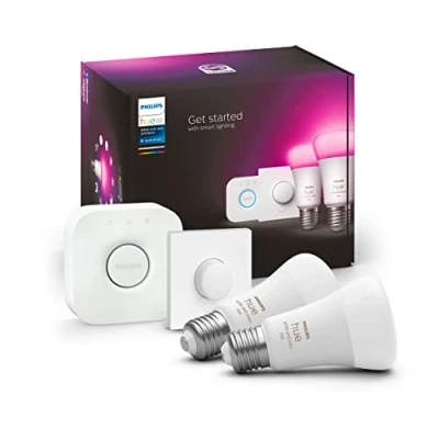 Bild av Philips Hue White and Color Ambiance startpaket (2 x E27 ljuskällor + Bridge Smart Button): A60, 1100 lumen, 9.5W, Zigbee &amp; BT, röststyrning med Amazon Alexa, Google Home Assistant och Siri