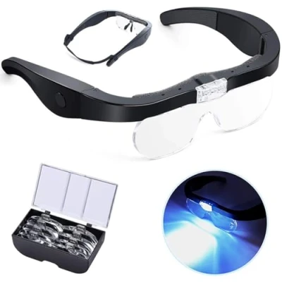 Bild av Huvudförstoringsglas med 2 LED lampor, USB uppladdningsbara förstoringsglas glasögon handsfree för hobbyer läsning hantverk nära arbete, 4 avtagbara linser 1,5 x, 2,5 3,5 5 x förstoring