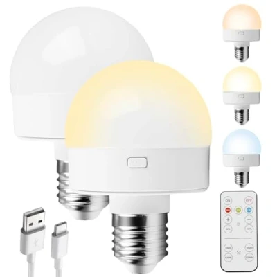 Bild av USB C uppladdningsbar glödlampa, 2 stycken glödlampor med batteri, E27 batteriglödlampa fjärrkontroll 15 färger, LED lampa timing funktion, camping nödljus utomhus