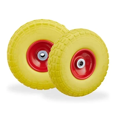 Bild av Relaxdays 4 x säckkärrhjul, punkteringssäkra massiva gummidäck, 4,1/3,54, 16 mm axel, upp till 150 kg, H D: 26 8,5 cm, gul/röd