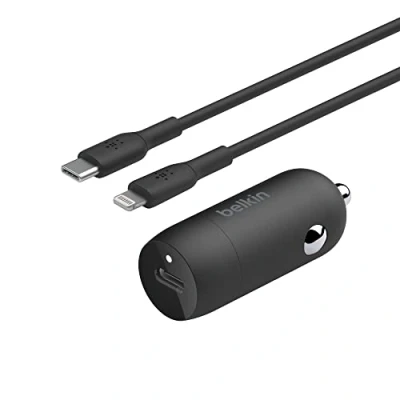 Bild av Belkin BOOST↑CHARGE™ 30 W snabb billaddare, kompakt design m/USB C Power Delivery port, USB till Lightning kabel medföljer, universell kompatibilitet för iPhone 14 serien, iPad, med flera Svart