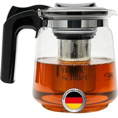 Bild av NORDIC SCHILLER Premium tekanna glas, värmebeständig glaskanna med lock 1,5 liter siktinsats termo rostfritt stål filter sil, temaker, sil av glas