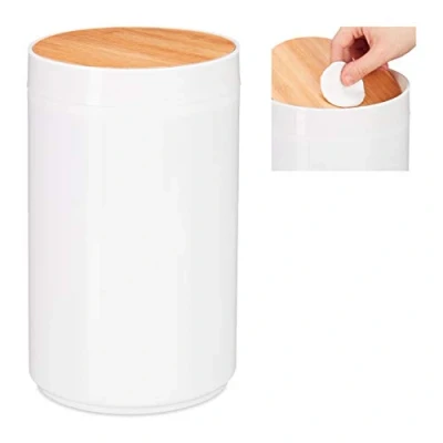 Bild av Relaxdays Kosmetikabehållare, bambu svänglock, modern badrum soptunna, plast, 5,5 L, H, B x D: 26,5 18 cm, vit