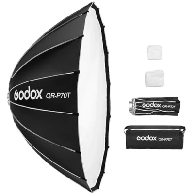 Bild av Godox QR P70T 70 cm/27,5 tum parabolisk djup softbox, snabblås, vikbar softbox med standardbowens hållare och diffusorer för blixt Speedlite permanent ljus fotografi porträtt