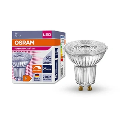 Bild av OSRAM dimbara LED reflektorlampor med GU10 sockel energibesparande, 50 W ersättning, mycket lång livslängd (25 000 H), strålvinkel 36, varm vit PAR16 36 4,5 W/2700 K