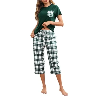 Bild av Reliwel pyjamas, dam, rutig, kortärmad pyjamas set, tvådelad topp och 3/4 långa byxor, kort, hemmadräkt, sovkläder, nattkläder för vår, sommar, höst, Grön, M