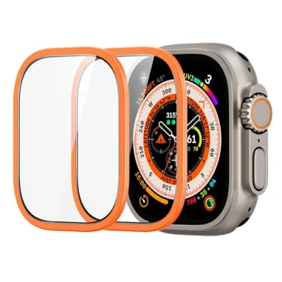 Bild av ESR Armorite Skyddsfilm för Apple Watch Ultra 2/1 (2024/2023/2022, 49 mm), militärstandard, skydd, skärmskydd av härdat glas med aluminiumram, heltäckande reptåligt, orange, 2 stycken