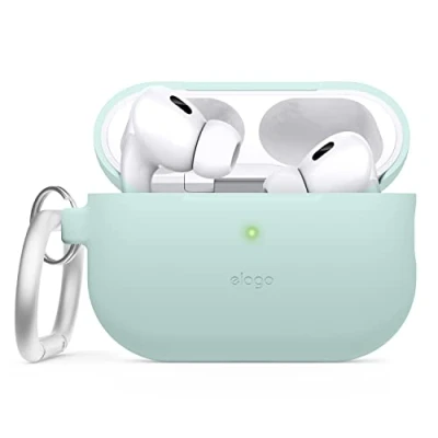Bild av elago Kompatibel med AirPods Pro 2 fodral (2022), silikonfodral nyckelring kompatibelt Apple 2:a generationens fodral, främre LED synlig, stöder trådlös laddning [mint]