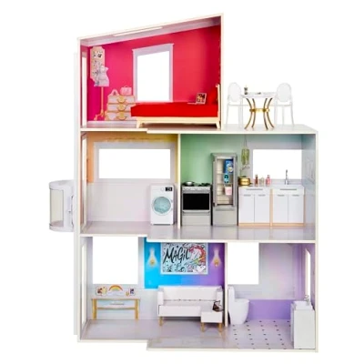 Bild av Rainbow High Townhouse 3 vånings dockhus i trä lekset med 5 färgglada rum och takterrass fullt möblerat modehem arbetslyft lektillbehör bra leksak för barn 4 till 12+ år