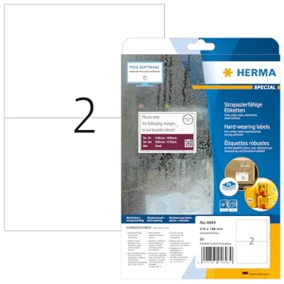 Bild av HERMA 4693 väderbeständiga folieetiketter A4 (210 x 148 mm, 25 ark, polyesterfolie, matt) självhäftande, utskrivbara, extremt stark häftande filmetiketter, 50 klistermärken, vit