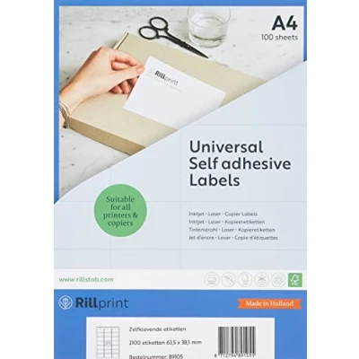 Bild av Rillprint självhäftande etiketter klistermärken 2 100 63,5 x 38,1 mm 21 utskrivbara per A4 ark mångsidig vit adress, pris klibbig etikett för bläckstråleskrivare och