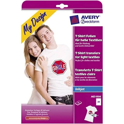 Bild av AVERY Zweckform MD1006 24 textilfolier, T shirt med egendesign, tryck (strykfolie, ljusa textilier, DIN A4, tryckbar folie för strykning, överföringsfolie bläckstråleskrivare)