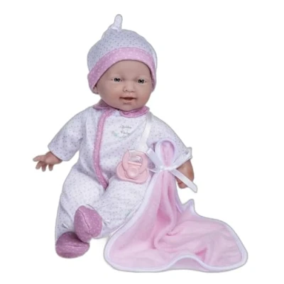 Bild av JC TOYS The Baby 28 cm docka har mjuk och tvättbar kropp, filt napp, vit rosa prickar, designad i Spanien, +12 månader