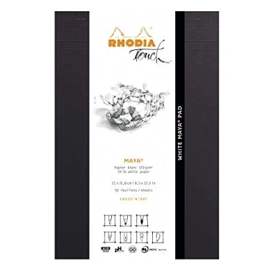 Bild av Rhodia 116105C Anteckningsblock White Maya Pad, häftad på huvudsidan, A4+ (21 x 31,8 cm), 50 ark mikroperforerade, Cross&#039;n&#039;Dot, Clairefontaine papper vit 120 g, svart, 1 styck