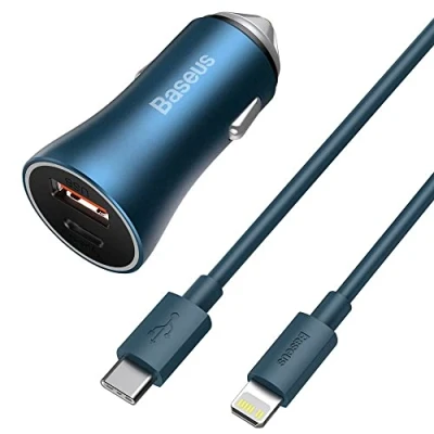 Bild av Baseus Golden Contactor Pro car charger USB + C QC4.0+ PD SCP 40W (blue) Lightning cable 1m