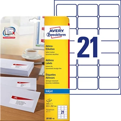 Bild av AVERY Zweckform J8160 10 adressetiketter/adressdekal (210 etiketter, 63,5 x 38,1 mm på A4, tryckbar, självhäftande, för DIN B6/C6 brevpapper, matt papper bläckstråleskrivare) ark, vit