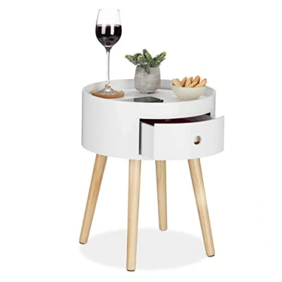 Bild av Relaxdays Sidobord rund, låda, träben, skandinavisk design, minimalistiskt, H x D 46 38 cm, vit/natur, 1 styck