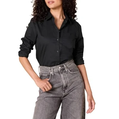 Bild av Amazon Essentials dam klassisk passform långärmad poplin tröja med knappar, svart, XX Large