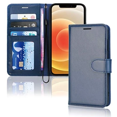 Bild av TECHGEAR iPhone 12/iPhone 12 Pro plånboksfodral i läder, vikbart skyddande fodral med plånbokskorthållare, stativ och handledsrem blått PU läder magnetisk stängning för 12/12