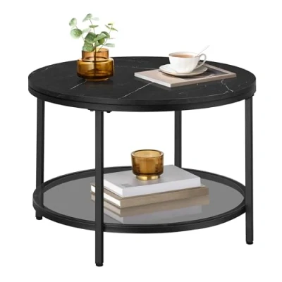 Bild av VASAGLE Soffbord, vardagsrumsbord, cocktailbord för soffa, fuskmarmor, runt, förvaringshylla i härdat glas, lätt att montera, modern stil, vardagsrum, svart marmor och bläcksvart, LCT072B58
