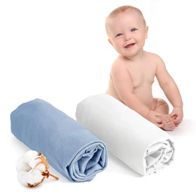Bild av 2 ST JERSEY BOMULLSDRAPERIER För Madrass Set of (60 x 120 12 cm), Babysäng, Certifierade Fria Från Kemiska Produkter (OEKO TEX), Vit och Blå, Spännlakan Med Elastik