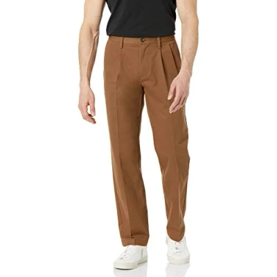Bild av Amazon Essentials herr klassisk passform skrynkelfri veckad chinos byxa för män (finns i stora och långa), mörkkaki brun, 31 B x 30 L