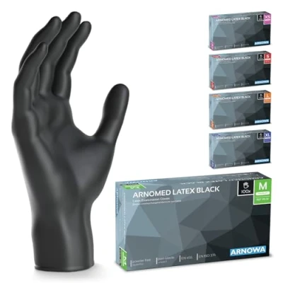 Bild av ARNOMED latex engångshandskar M, svarta, puderfria, 200 st/ask, engångshandskar, latexhandskar finns i storlekarna XS, S, L &amp; XL.