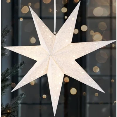 Bild av BRUBAKER Julstjärna i 3D att Hänga upp LED Pappersstjärna med Timer 60 cm Adventsstjärna Modernt Mönster Batteridriven och Upplyst Juldekoration Ljusstjärna för Fönster Vit