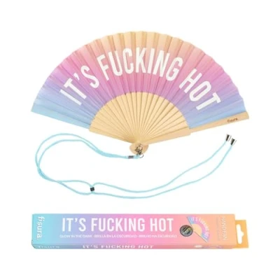Bild av Fisura Originalfläkt med budskapet &quot;f*cking hot&quot;. Rolig fläkt i trä. Flerfärgad gradient. Glöder mörkret. Mått: 42,5 x 23 cm. Trä och textil.