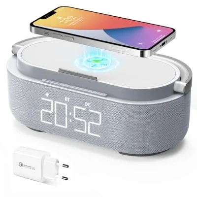 Bild av COLSUR digital klockradio med trådlös laddare, Bluetooth högtalare USB smart väckarklocka snooze funktion, induktiv laddningsstation, nattlampa, dimbar LED display och batteribackup