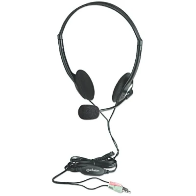 Bild av Manhattan Stereo on ear headset (3,5 mm), mikrofonboom, in line volymkontroll, skumöronkuddar, standard 2 x 3,5 mm stereouttag/kontakt för ljud/mikrofonanvändning, kabel m, svart, tre års garanti,
